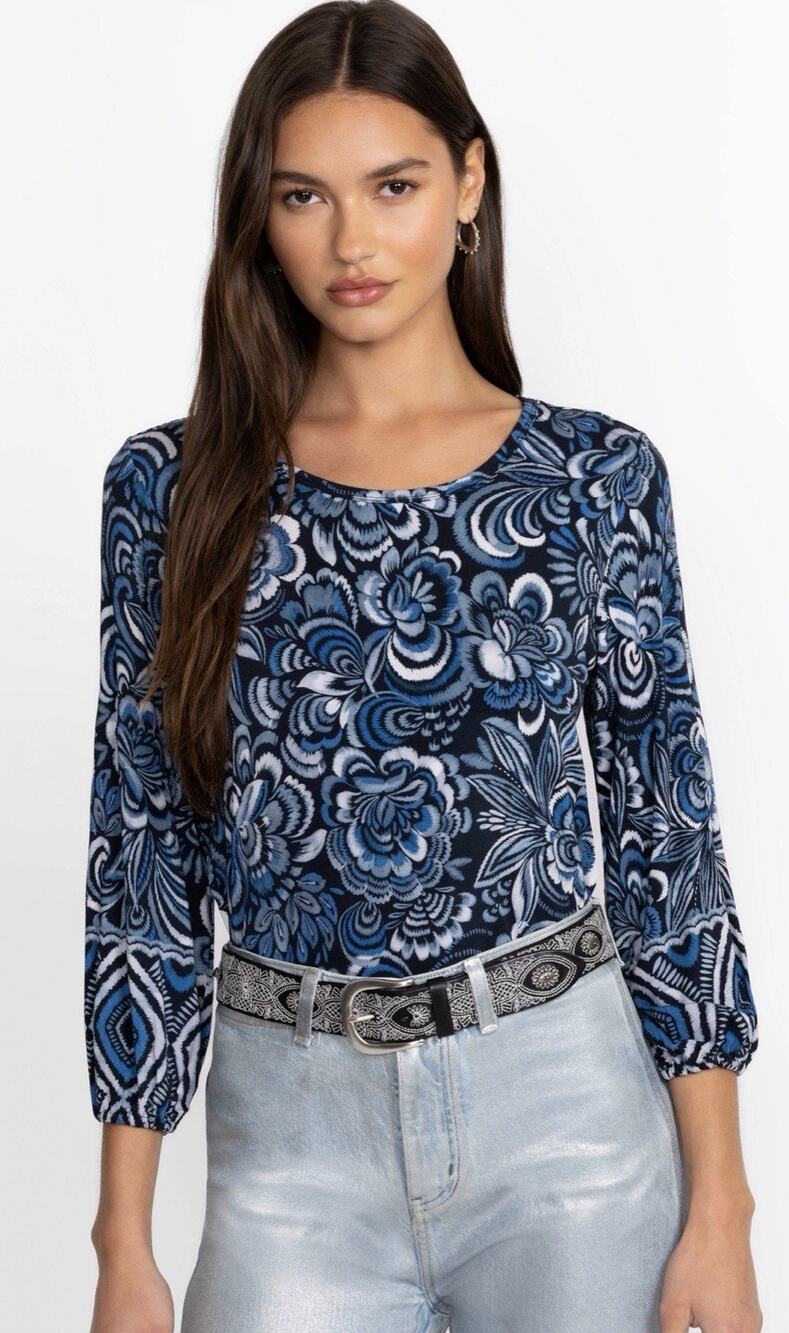 Johnny Was Janie Top Blue Floral Puff Sleeve medium knit bohemian casual party